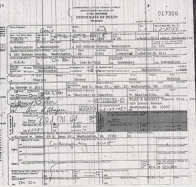 Grace Dorsey Hill death certificate